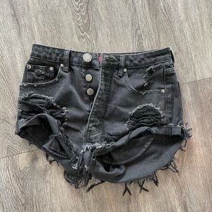 Black denim distressed shorts